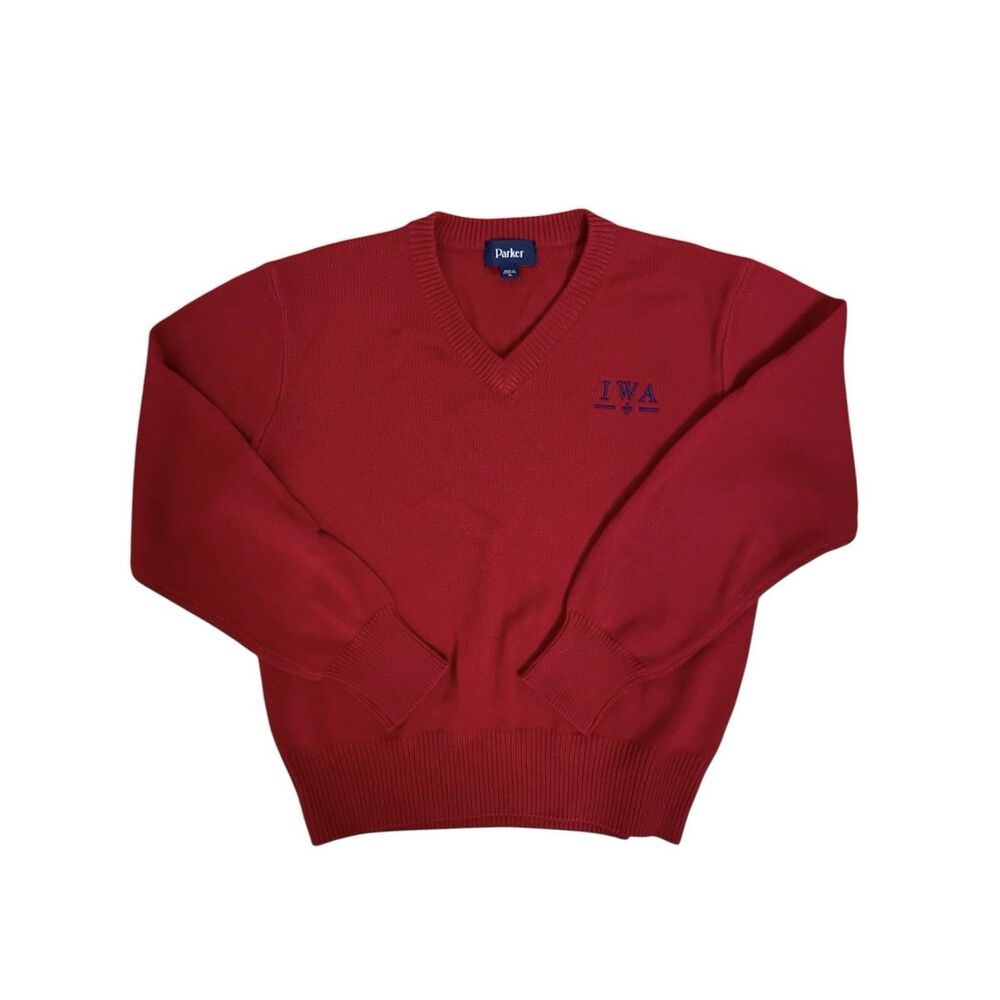Red V Neck Sweater Embroidered Logo Preppy Casual